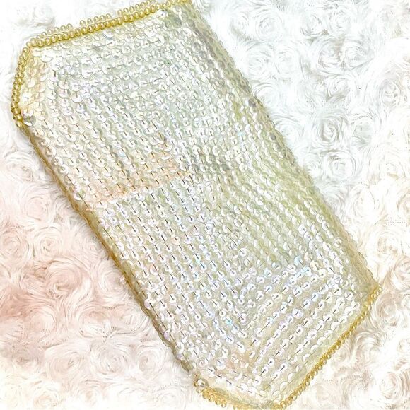 Vintage 1950s Mid-Century Modern Beaded Sequin Evening Clutch Envelope Purse - Picture 2 of 14